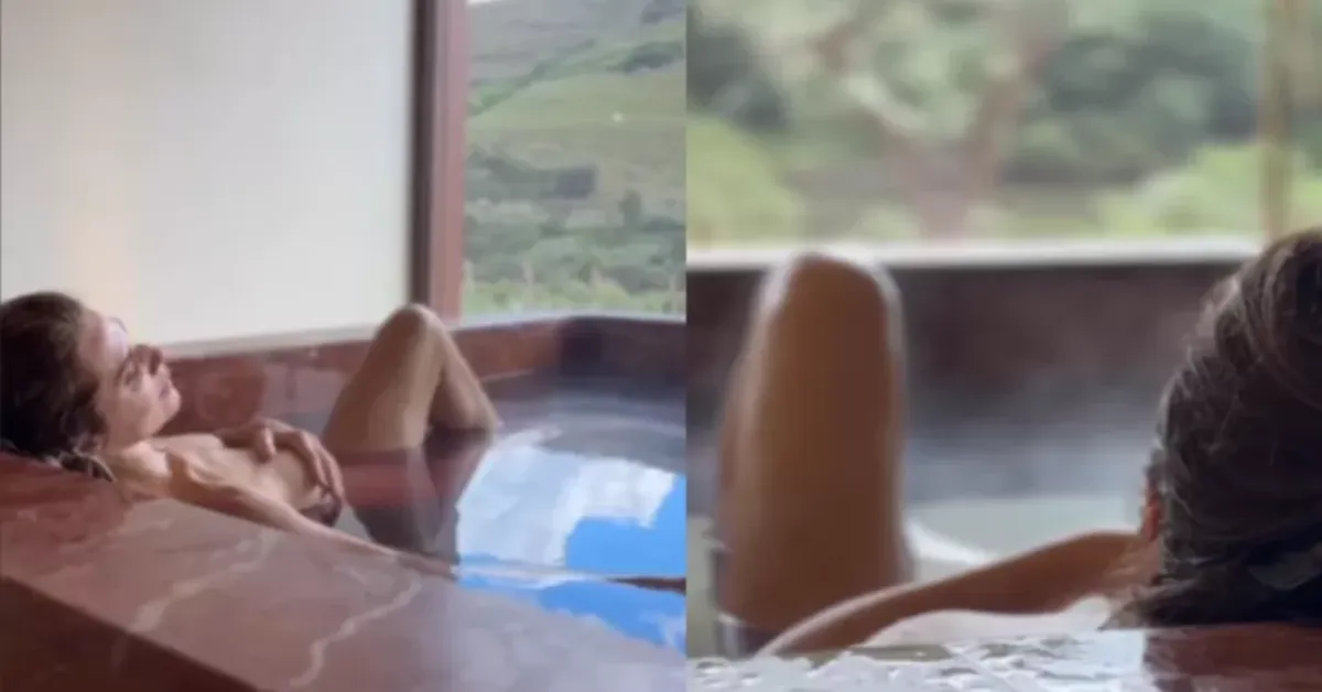 Leticia Spiller celebra o autocuidado em meio à natureza com ritual de vinoterapia.
