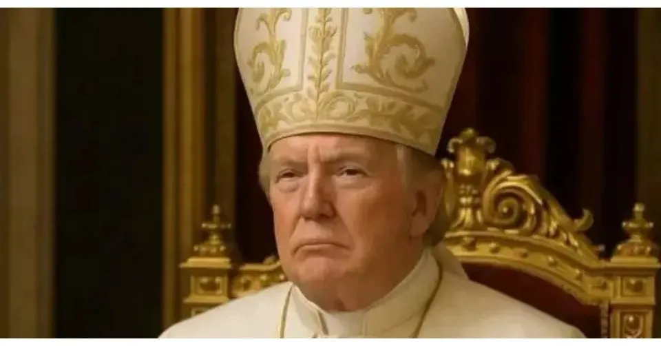 Na imagem, Trump é retratado sentado em uma cadeira de estrutura dourada, vestindo batina branca, mitra e um crucifixo no pescoço