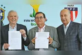 Coronel Nunes, então presidente da Federação Paraense, entre Marin e Del Nero