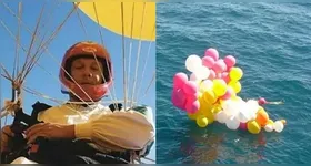 O padre realizou um voo sentado em uma cadeira suspensa por mil balões de gás hélio,