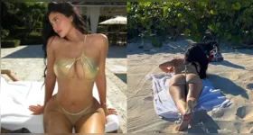 Kylie Jenner arranca elogios ao surgir com biquíni dourado em momento à beira-mar.
