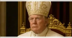 Na imagem, Trump é retratado sentado em uma cadeira de estrutura dourada, vestindo batina branca, mitra e um crucifixo no pescoço