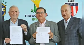 Coronel Nunes, então presidente da Federação Paraense, entre Marin e Del Nero
