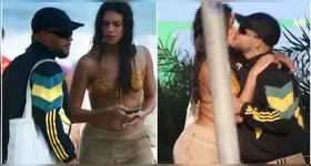 Alane Dias e Francisco Gil foram flagrados em clima de romance na praia de Ipanema