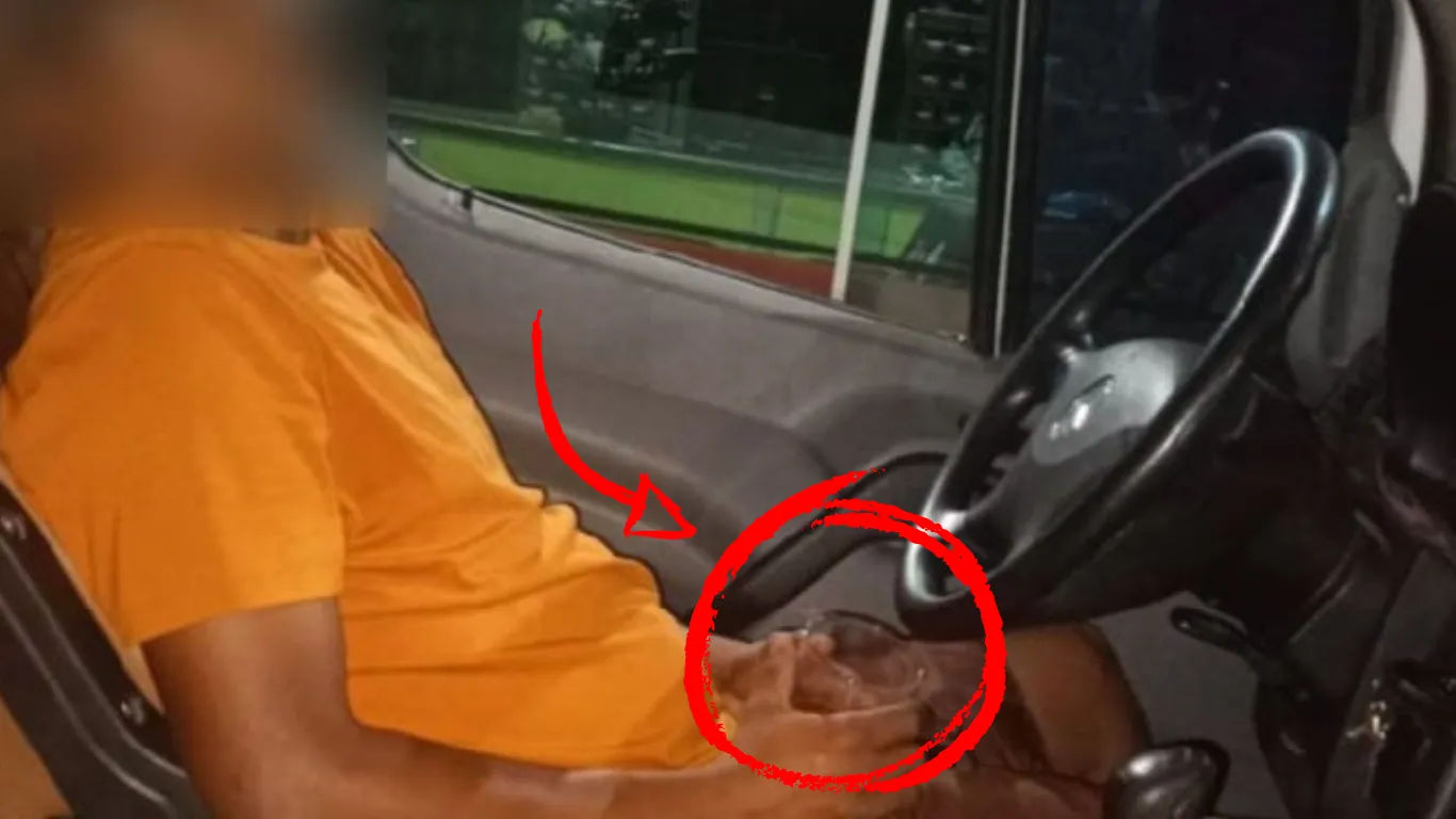 Ao chegarem ao local, a equipe do 17º Batalhão da PM encontrou o motorista dormindo dentro do veículo Mercedes-Benz 311 CDI Street, ainda segurando um copo com a bebida