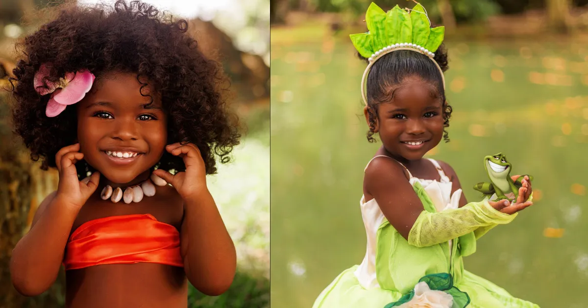 Ágatha, de 3 anos, durante ensaio fotográfico inspirado em “Moana” e na "Princesa Tiana" que chamou atenção da Johnson & Johnson