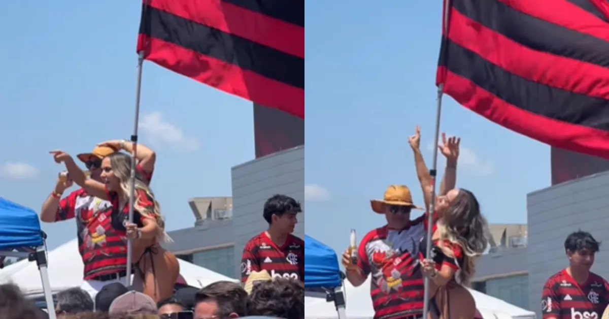 Vestida com a camisa do Flamengo, ela dançou de fio-dental em cima de um carro ao lado de flamenguistas