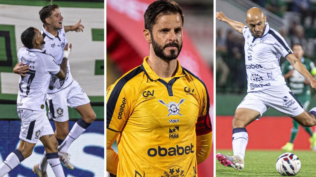 Volante Luan Martins (esquerda), goleiro Marcelo Rangel (centro) e meia Régis (direita) do Clube do Remo