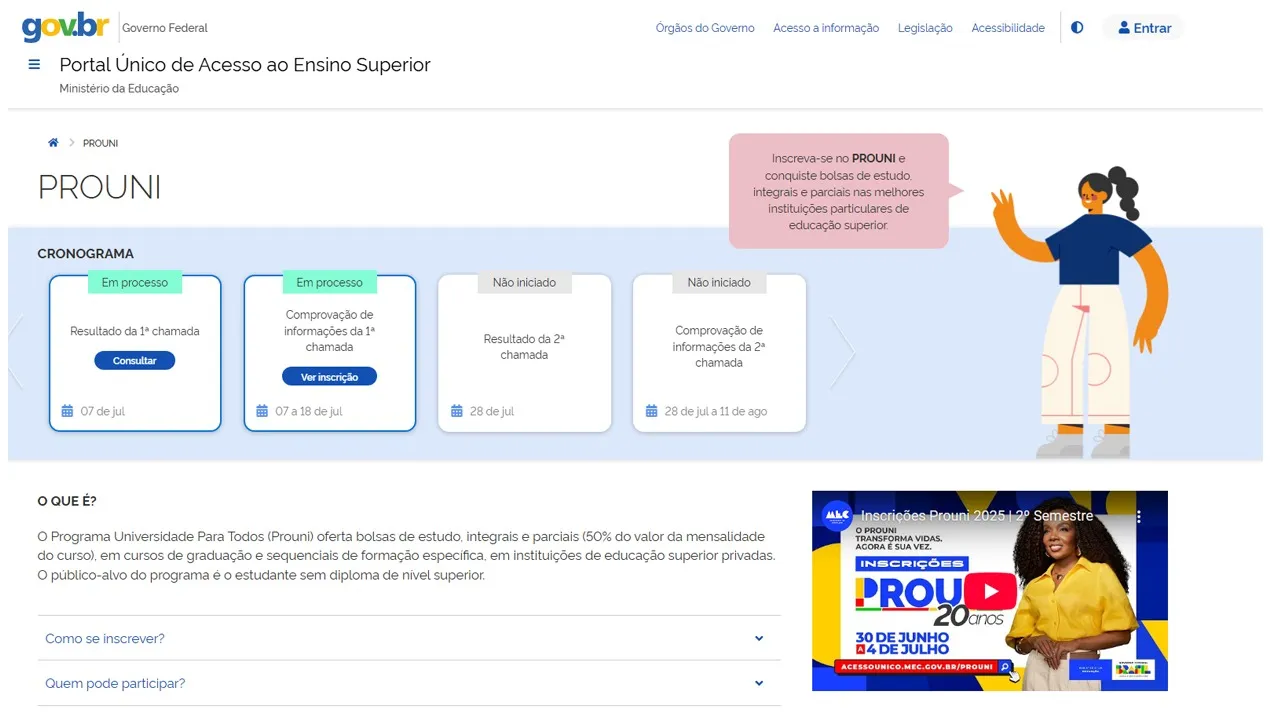 O programa oferece bolsas de estudo integrais e parciais em instituições privadas de ensino superior em todo o país.
