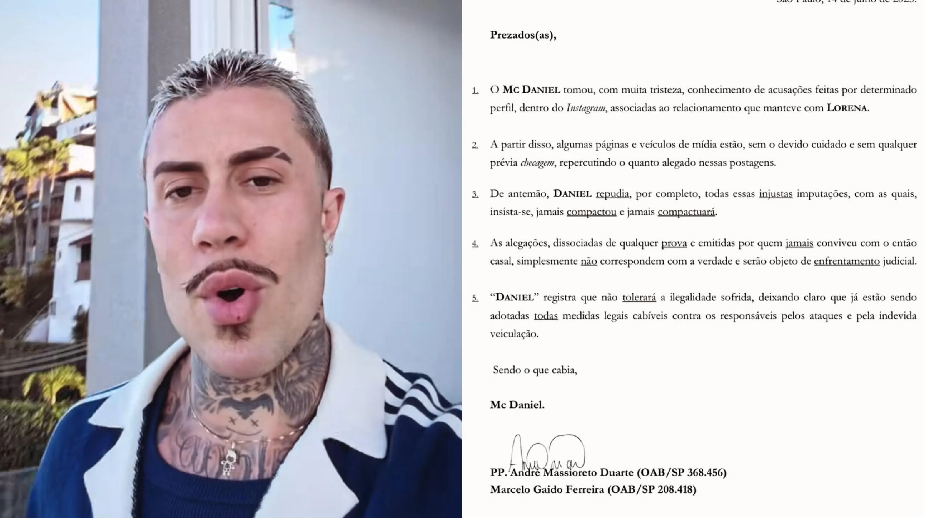 MC Daniel classificou as declarações de Raphael Werneck como “caluniosas” e disse que vai acionar a Justiça.