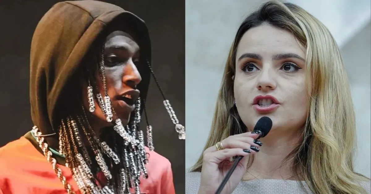 O cantor Oruam e a vereadora da capital paulista Amanda Vettorazzo, autora da proposta do projeto de lei “Anti-Oruam”.