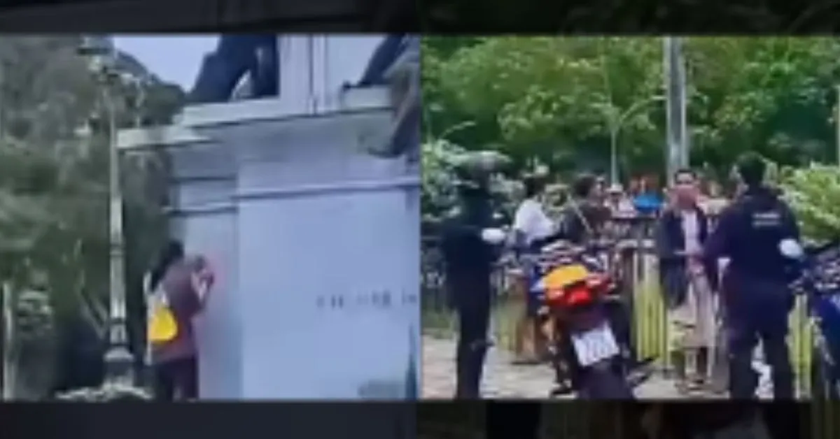 Suspeitos são apresentados à polícia após pichação em monumento.