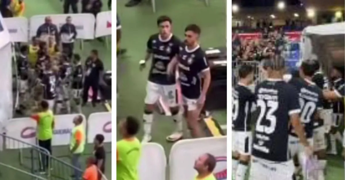 Momento em que Pavani é atingido por garrafa na descida aos vestiários