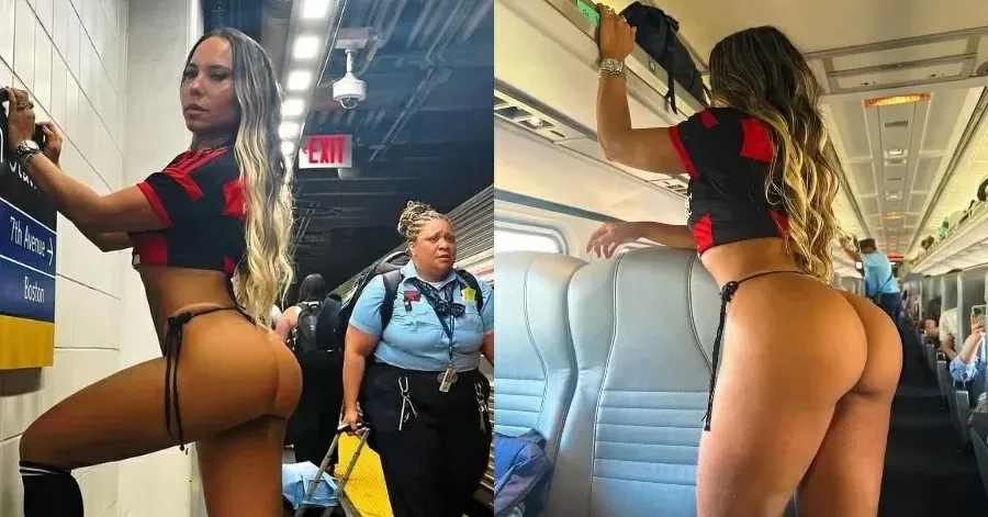 Durante a viagem entre as duas importantes cidades americanas, Mulher Melão chamou a atenção de todos os passageiros ao posar com roupas íntimas minimalistas.