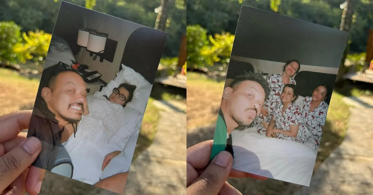 Cantora aparece em duas fotos ao lado de amigos