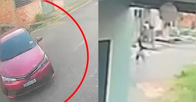 No vídeo, é possível ver a criança, que estava acompanhada da prima andando de patins, correndo desesperada para a casa da vizinha