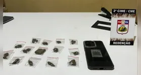 Durante a revista pessoal, os policiais encontraram com o suspeito 14 embalagens contendo substância análoga à maconha.