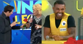 Davi Brito no palco do “Passa ou Repassa”, no SBT, ao lado da personagem Webe, interpretada por Tiago Barnabé.