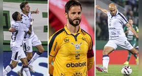 Volante Luan Martins (esquerda), goleiro Marcelo Rangel (centro) e meia Régis (direita) do Clube do Remo