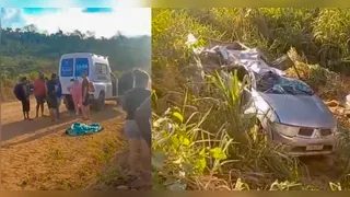 A caminhonete seguia pela rodovia quando o motorista perdeu o controle da direção e o veículo caiu em uma ribanceira.