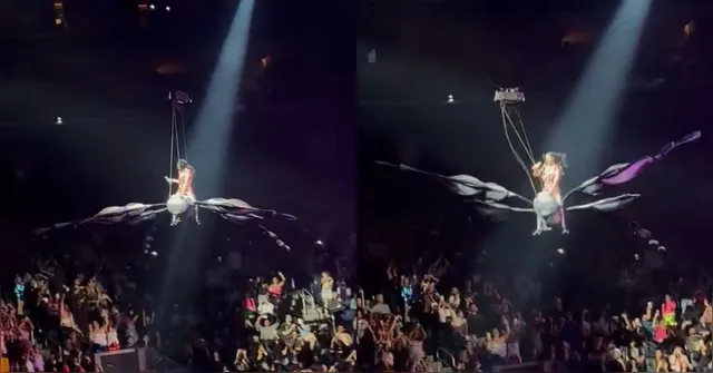 Imagem ilustrativa da notícia Katy Perry quase cai no público após falha em borboleta mecânica durante show