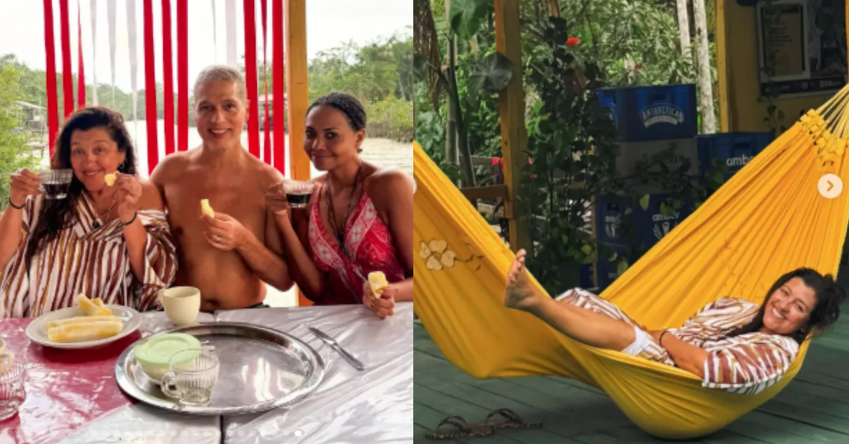 Regina Casé durante sua passagem por Belém, onde participou do Global Citizen Festival: Amazônia e aproveitou dias de descanso ao lado de Gaby Amarantos.