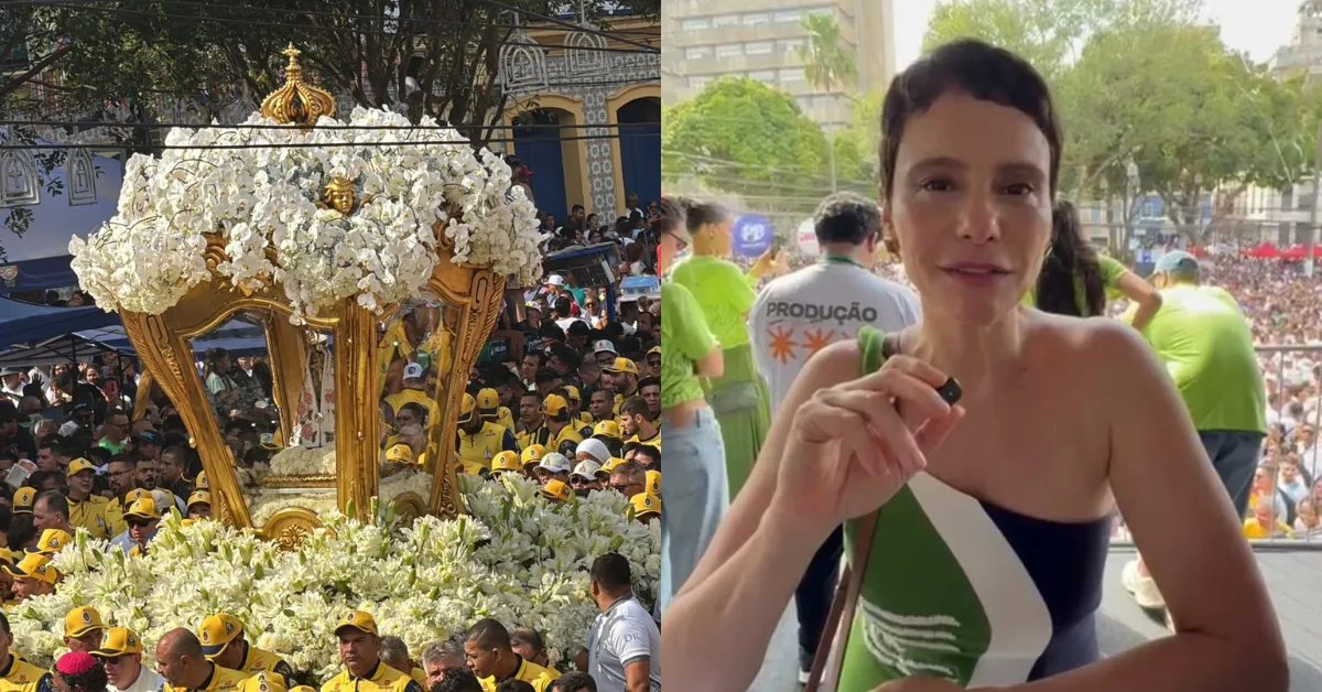 Malu Galli emocionada durante a procissão do Círio de Nossa Senhora de Nazaré em Belém, evento que celebrou a fé e a cultura local neste domingo (12).