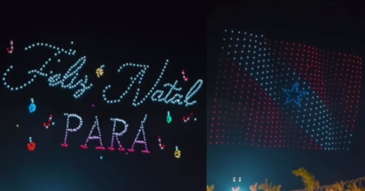 Drones formaram imagens gigantes no céu de Belém, emocionando o público durante a abertura do Natal Encantado no Parque da Cidade.