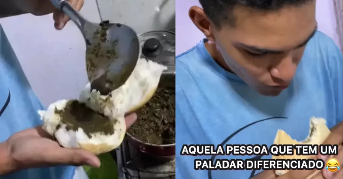 Nas imagens, Gustavo aparece abrindo o pão, colocando uma porção de maniçoba e provando o resultado.