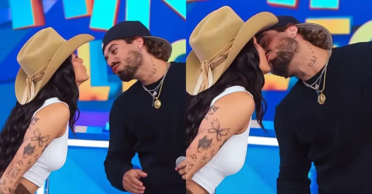Zé Felipe e Ana Castela dão primeiro beijo em público, durante o programa Domingo Legal.
