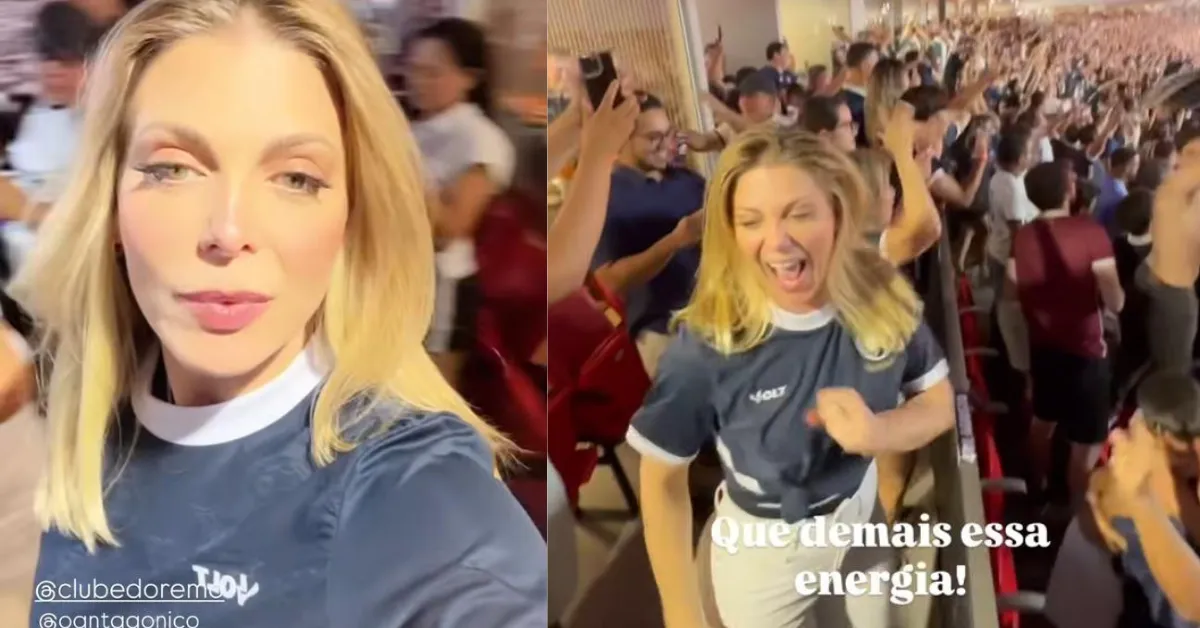 Sheila Mello veste a camisa azulina, samba no camarote e vibra com a torcida do Remo no Mangueirão.
