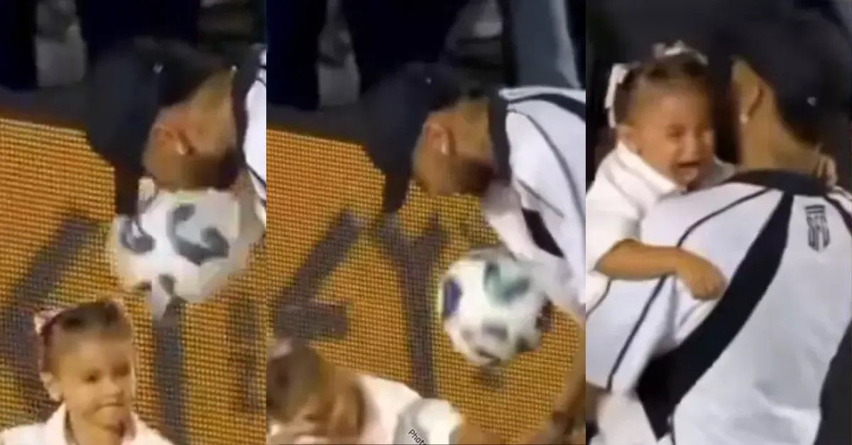 Mavie, filha de Neymar, é atingida por uma bola enquanto brincava com o pai no gramado da Vila Belmiro, em Santos.