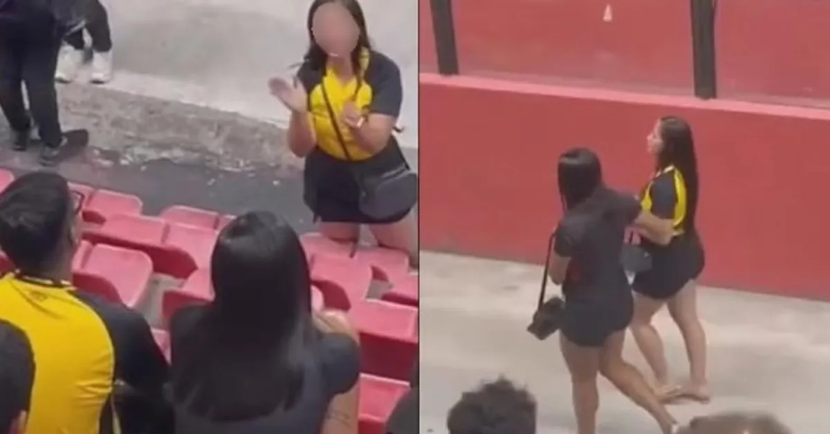 Momento em que a torcedora flagra o companheiro com outra mulher durante o jogo entre Sport e Ceará, na Ilha do Retiro, em Recife.