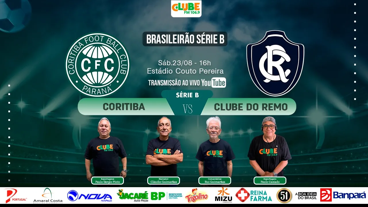 Neste sábado (23), Coritiba enfrenta Clube do Remo pela Série B