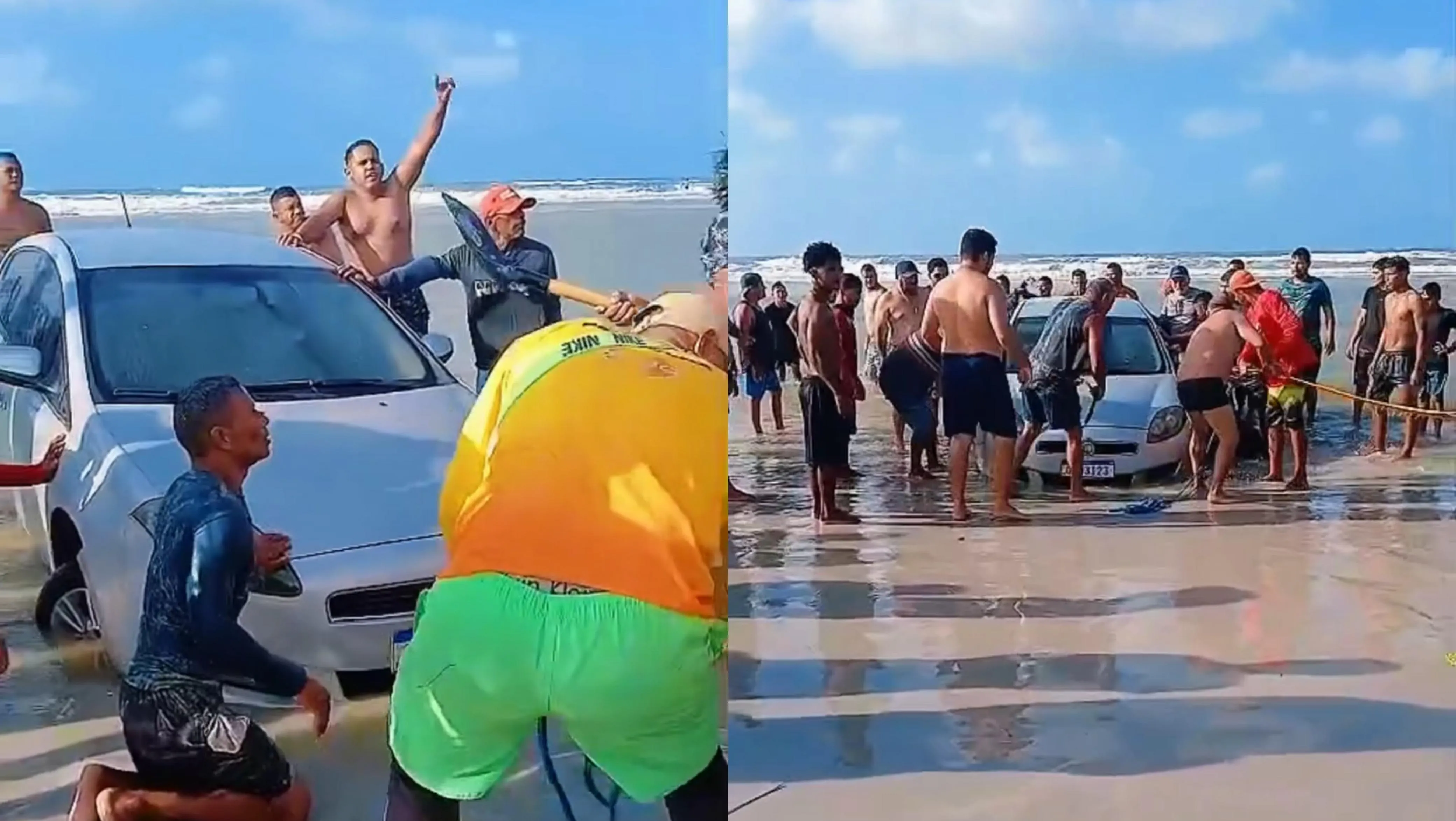 Salinas: diversos banhistas auxiliaram na retirada do veículo atolado.
