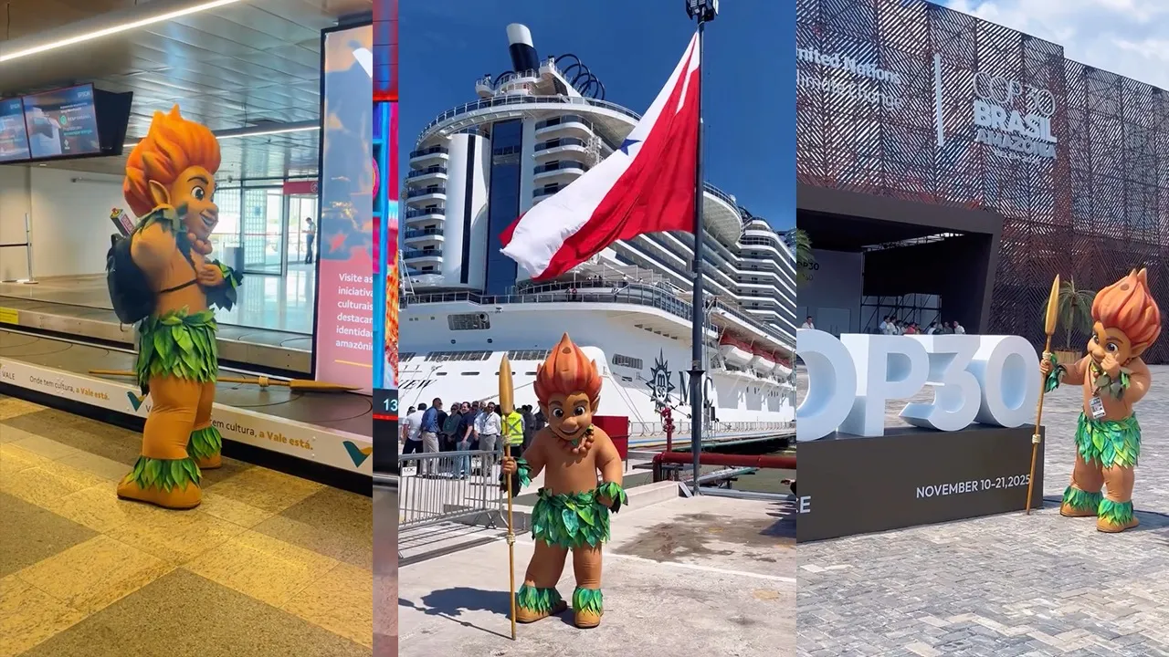 No Aeroporto Internacional de Belém, o mascote deu uma pausa para tirar fotos, mostrar os painéis que fazem menção ao evento e seguiu para o Porto de Outeiro onde conheceu os cruzeiros MSC Seaview e Costa Diadema, contratados pelo governo federal que servirão de hospedagem durante a COP 30.