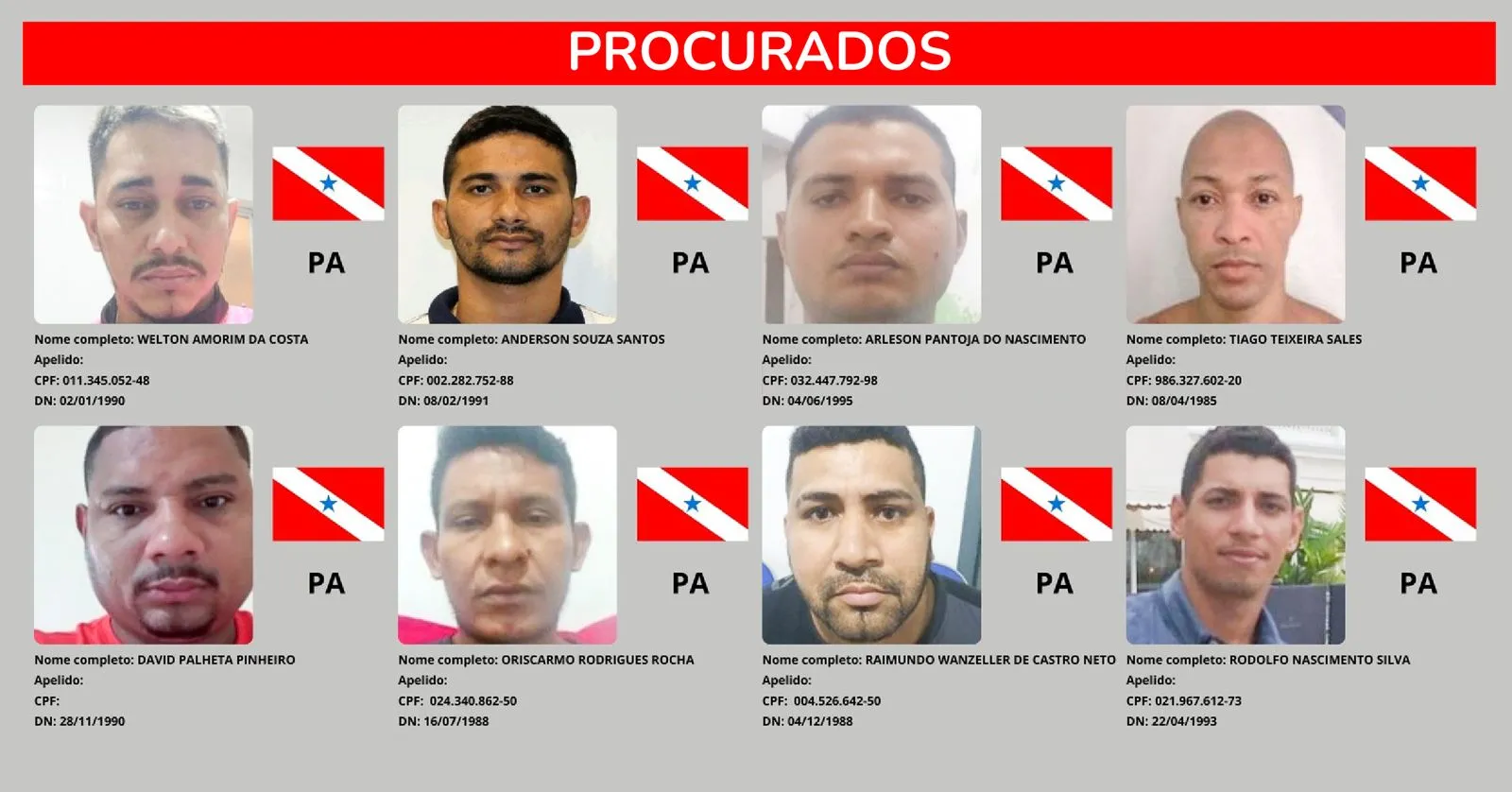 Na lista constam oito foragidos do Pará.