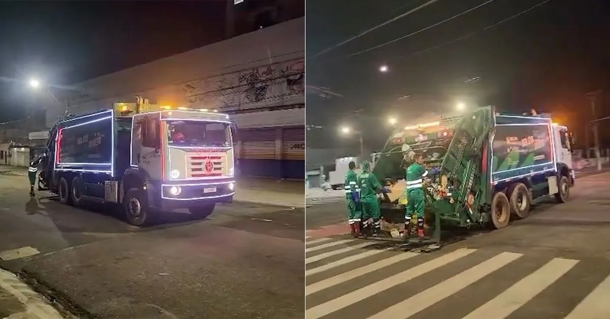 De caravana da Coca-Cola à "Carreta Furacão": caminhão de coleta iluminado vira atração noturna na Pedreira e rende comentários dos moradores.