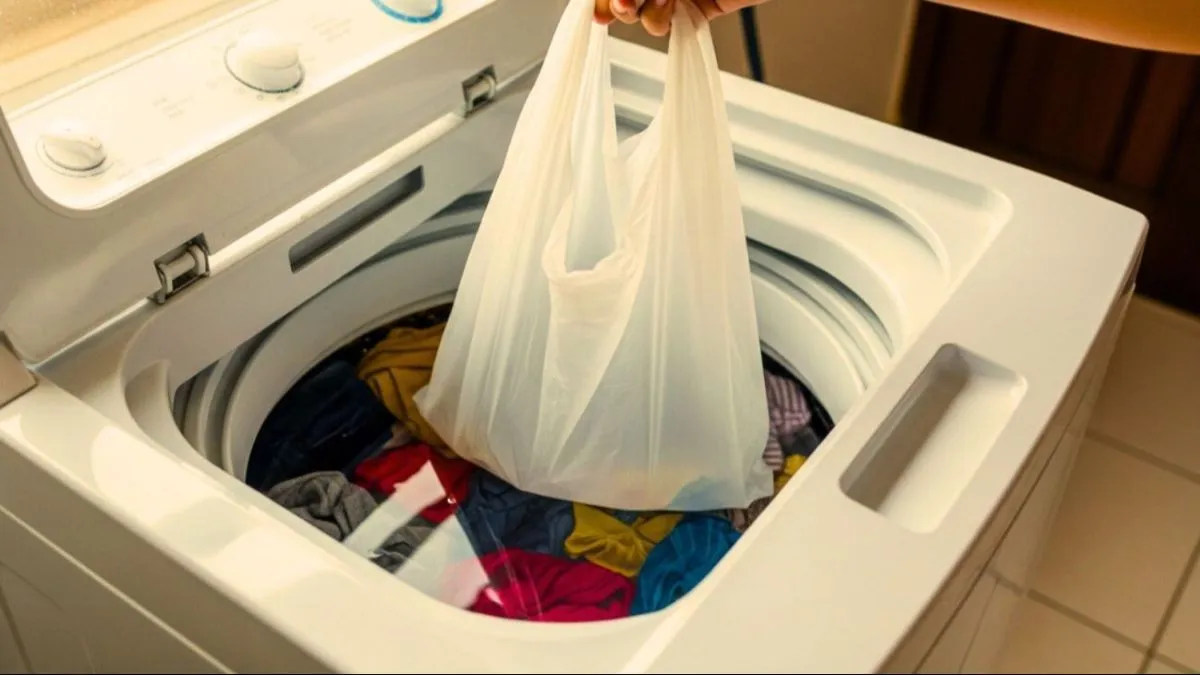 Saco plástico cria barreira protetora entre a peça e o restante das roupas na máquina de lavar.