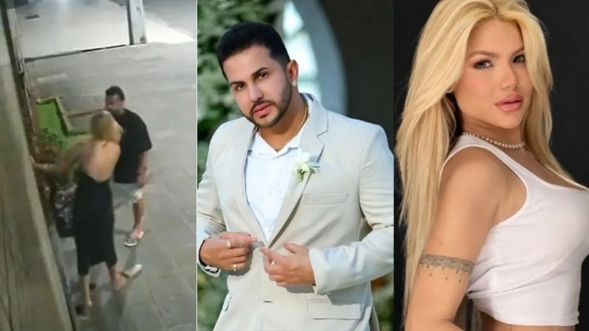 As gravações mostram o casal em uma discussão na calçada do edifício antes do flagra de agressão.