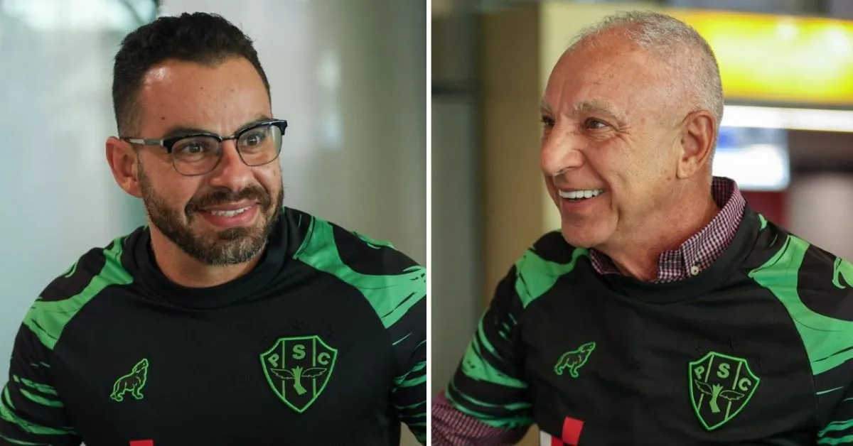 Auxiliar Marcinho (esquerda) e o técnico/pai Márcio Fernandes (direita) já estão em Belém para novamente comandar o Paysandu