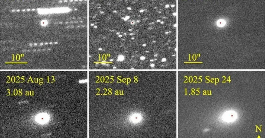 Imagens recentes do Telescópio Óptico Nórdico mostram o objeto interestelar 3I/ATLAS com uma mudança inédita, passando de uma anticauda (apontada para o Sol) para uma cauda (no sentido contrária ao Sol).