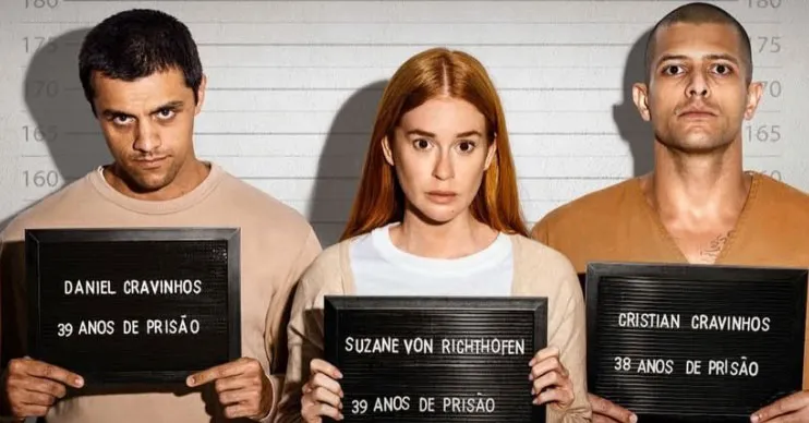 Felipe Simas (como Daniel Cravinhos), Marina Ruy Barbosa (no papel de Suzane von Richthofen) e Kelner Macêdo (interpretando Christian Cravinhos) aparecem caracterizados para a série "Tremembé".