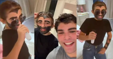 Com barba e bigode pintados, Heva Barbalho se transformou em Gusttavo Lima para curtir o Halloween com as amigas.