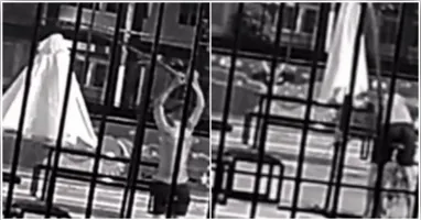 Segundo as imagens, o autor se aproxima da estrutura de proteção solar e, em questão de segundos, executa a desmontagem.