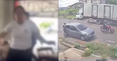 Câmeras de segurança registraram o momento em que os criminosos abordam o policial militar e a correria de populares em um comércio próximo ao local do ataque.