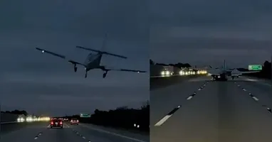 Momento em que avião faz pouso forçado e cai sobre carro em alta velocidade na Flórida.