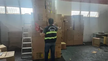 Fiscais da Sefa-PA conferem os pares de tênis falsificados