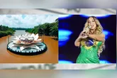 Mariah Carey se prepara para subir ao palco flutuante no rio Guamá.