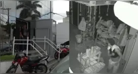 Nas imagens, é possível ver a suspeita retirando produtos expostos na parte da frente da agência